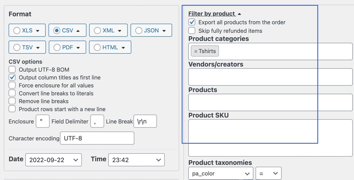 filter by product section for WooCommerce export orders CSV