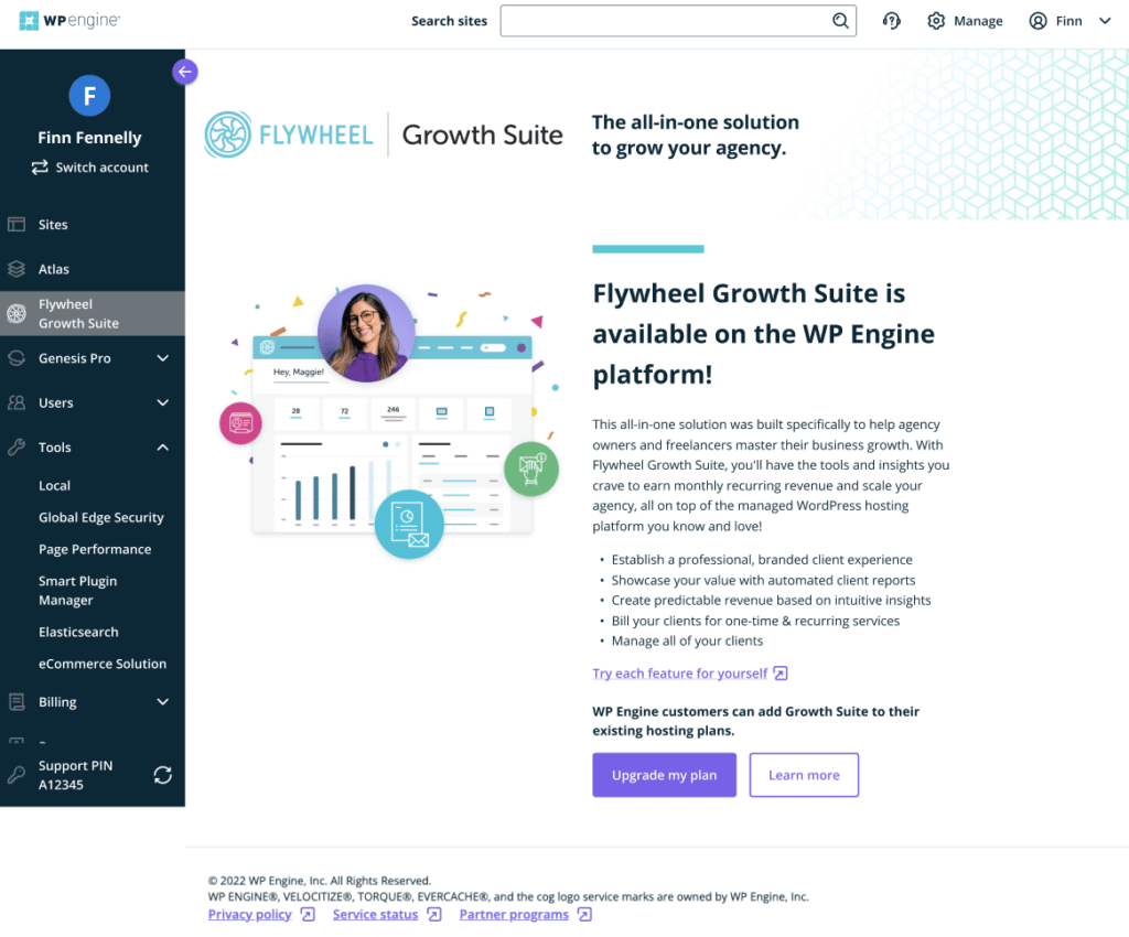 screenshot from the WP Engine User Portal in which the Flywheel Growth Suite option is highlighted in the left-side navigation