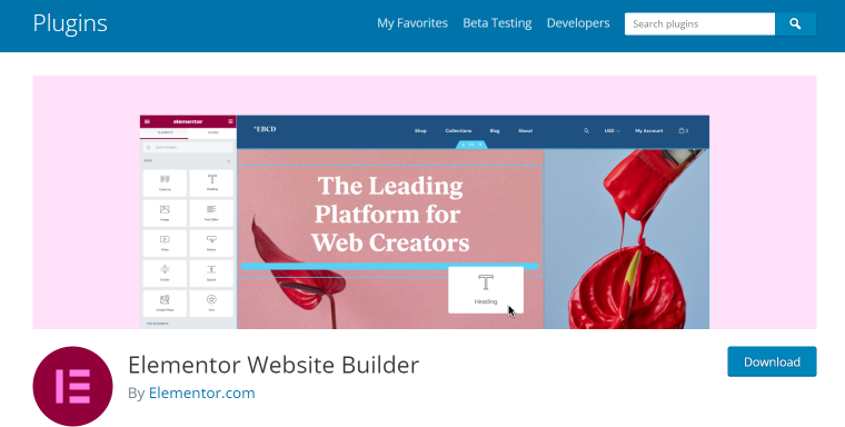 Elementor plugin homepage