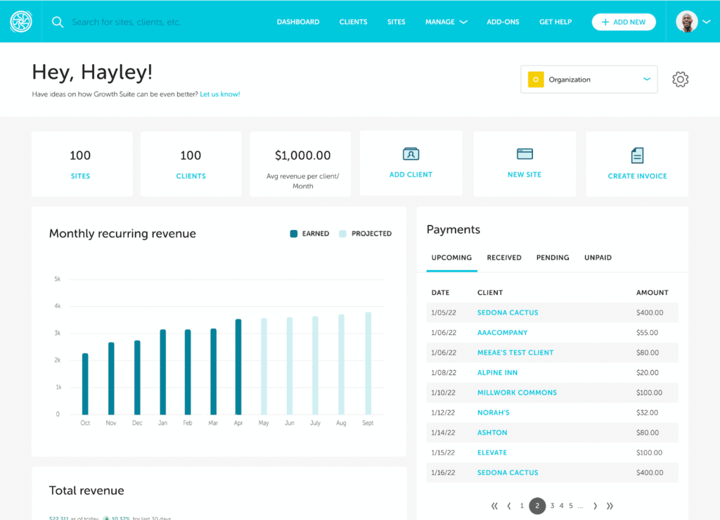 Screenshot from the Flywheel Growth Suite dashboard