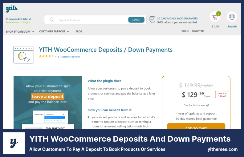 YITH WooCommerce Deposits and Down Payments Plugin - Allow Customers to Pay a Deposit to Book Products or Services