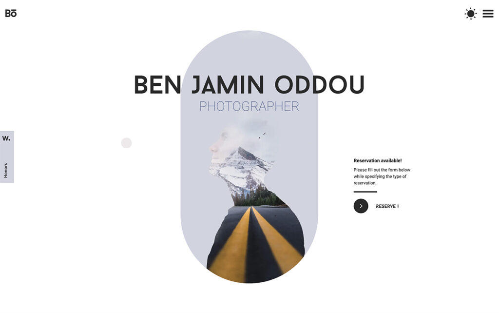 Benjamin Oddou professional photographer with a great-looking website consisting of special effects, photo overlays, and dark mode which is a great touch to any photographer's website