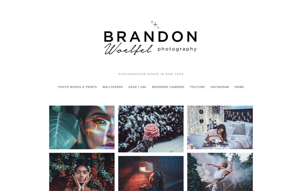 Brandon Woelfel photographer based in New York. Very clean and straightforward website, with a grid layout and a large logo on the top with the navigation below it. 