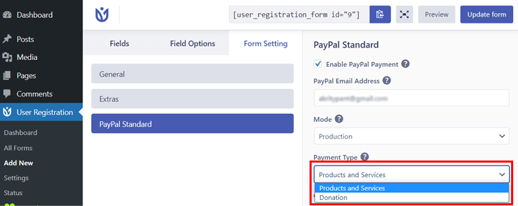 Choose Payment Type for PayPal Registration Form