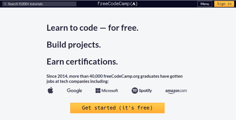 freeCodeCamp homepage