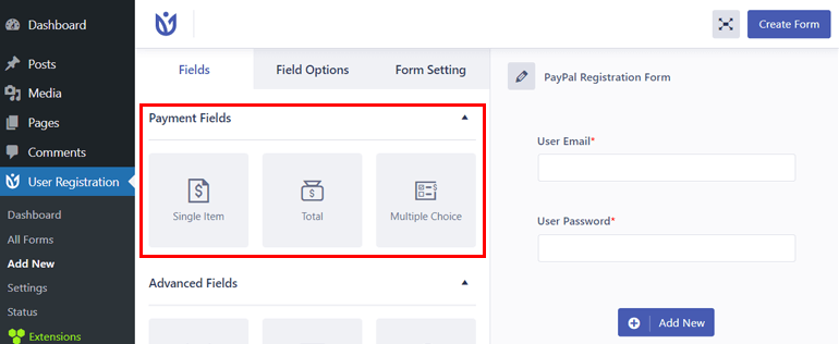 Payment Fields for Registration Form with PayPal Integration