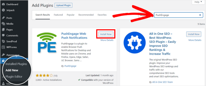 PushEngage plugin in WordPress
