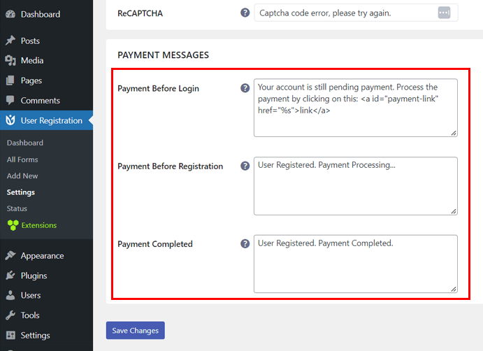 Set Payment Messages for Registration Form with PayPal Integration