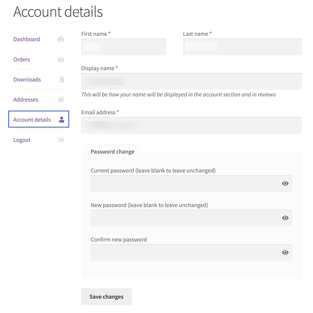 Default WooCommerce login with Account details selected