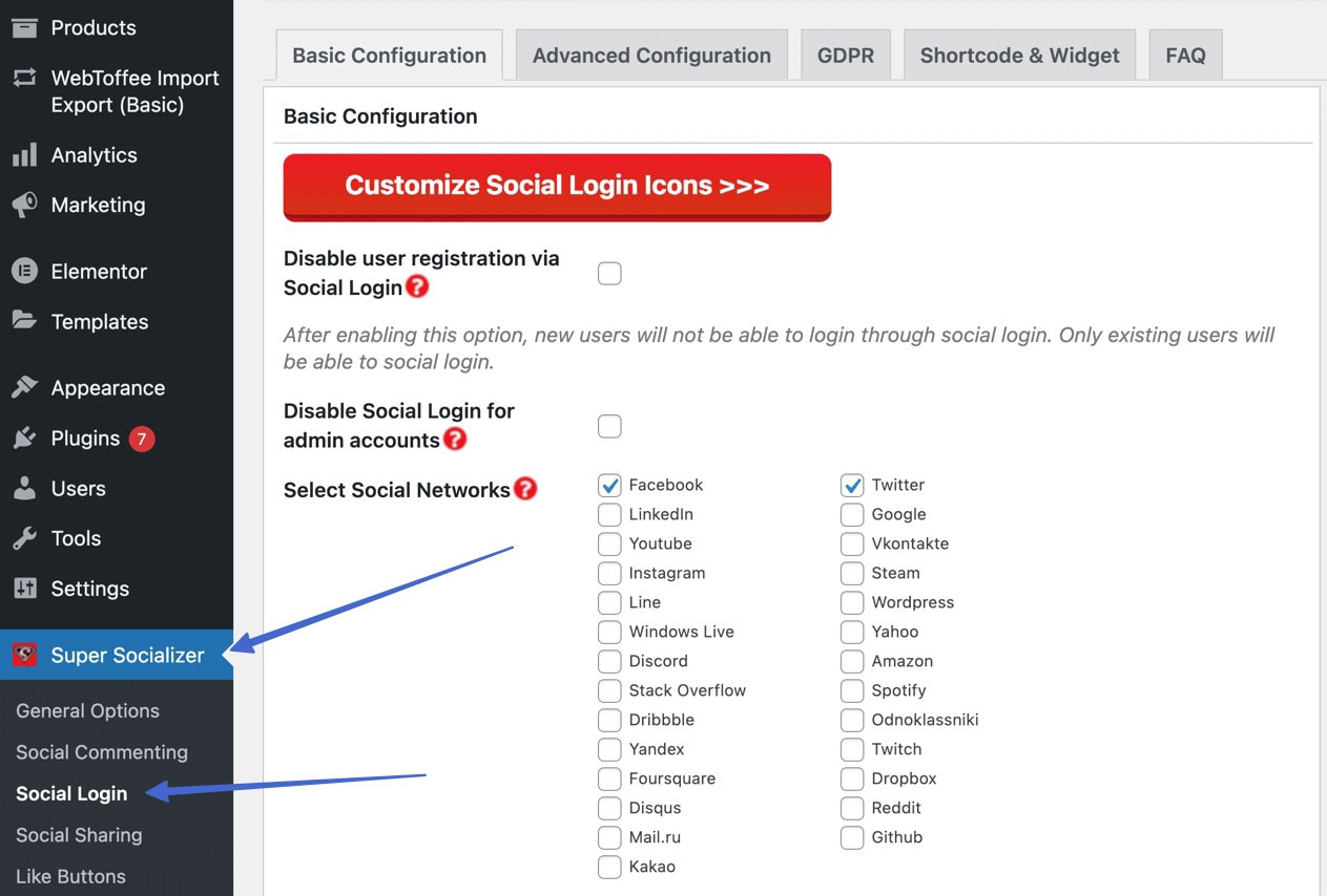 Going to the Social Login page in Super Socializer plugin