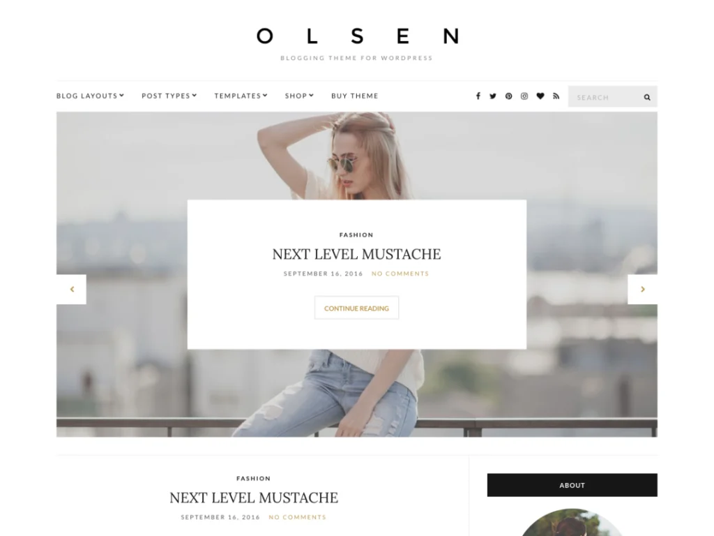 Olsen Light is a clean and elegant WordPress blog theme, perfect for lifestyle, food, fashion, travel, health & fitness, photography and beauty blogging.