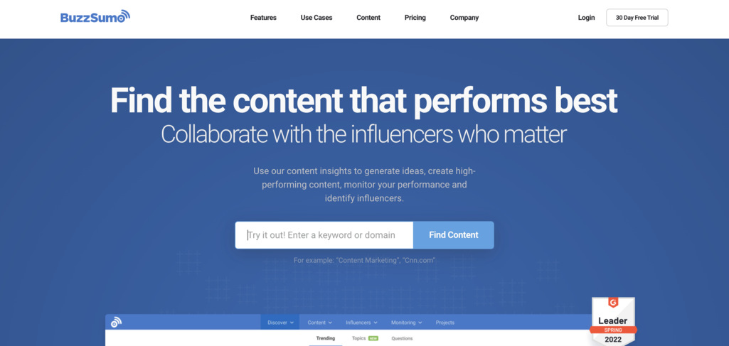 Buzzsumo content curation tool homepage