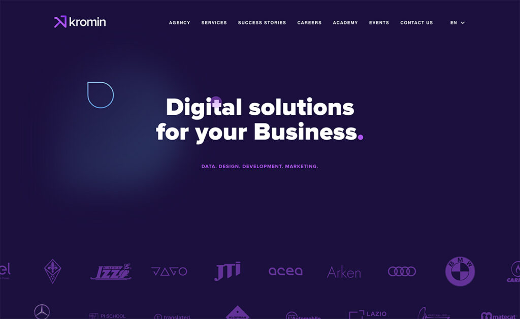 Kromin is a very slick and creative bootstrap website with a nice mouse effect and large typography in the center of the homepage.