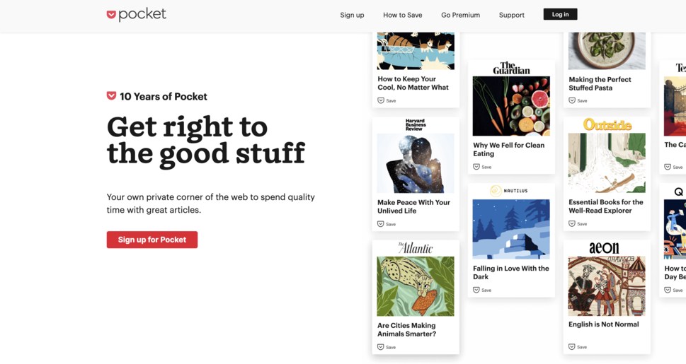 Pocket content curation tool homepage
