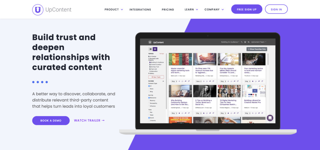 Upcontent content curation tool homepage