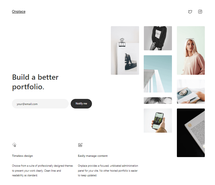 The onplace website is one of the best minimalist website examples to showcase the features of an app.