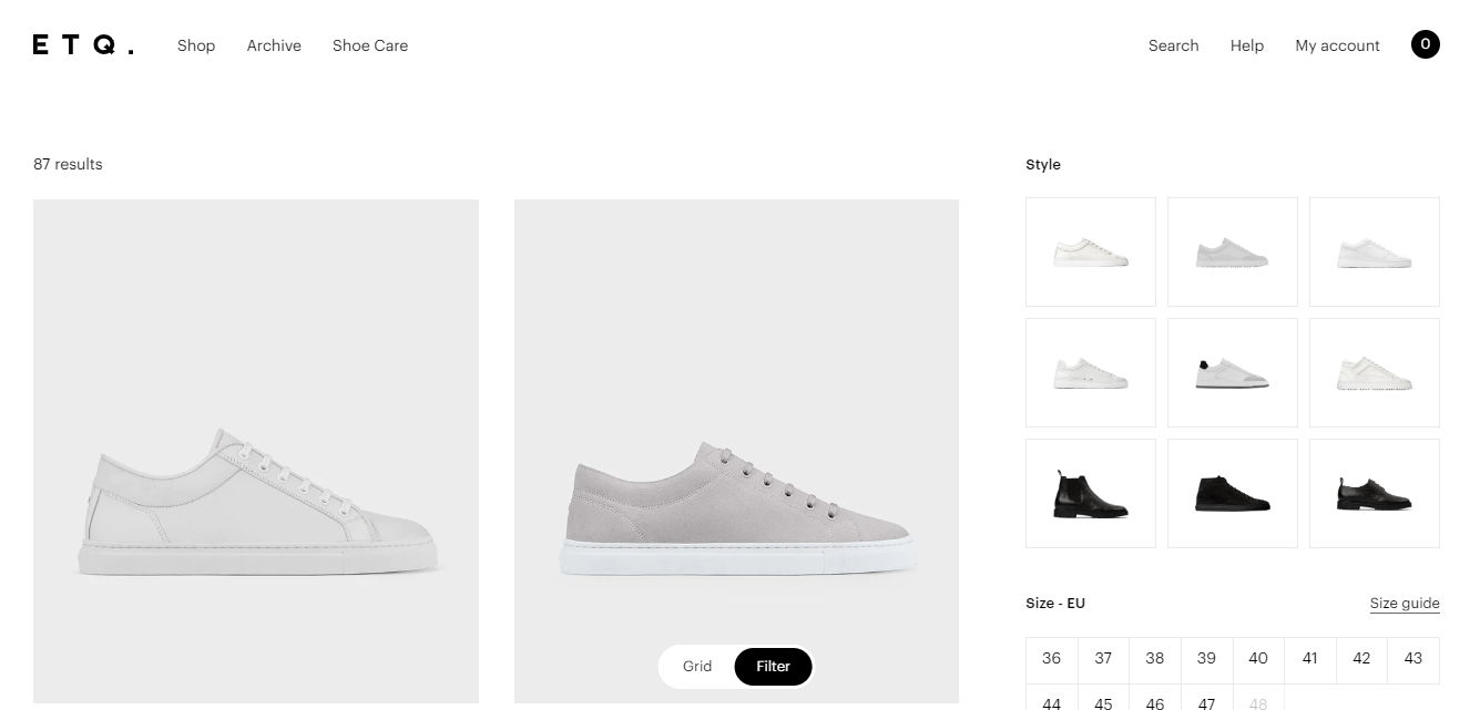 The ETQ website is one of the best minimalist website examples of an online shop.