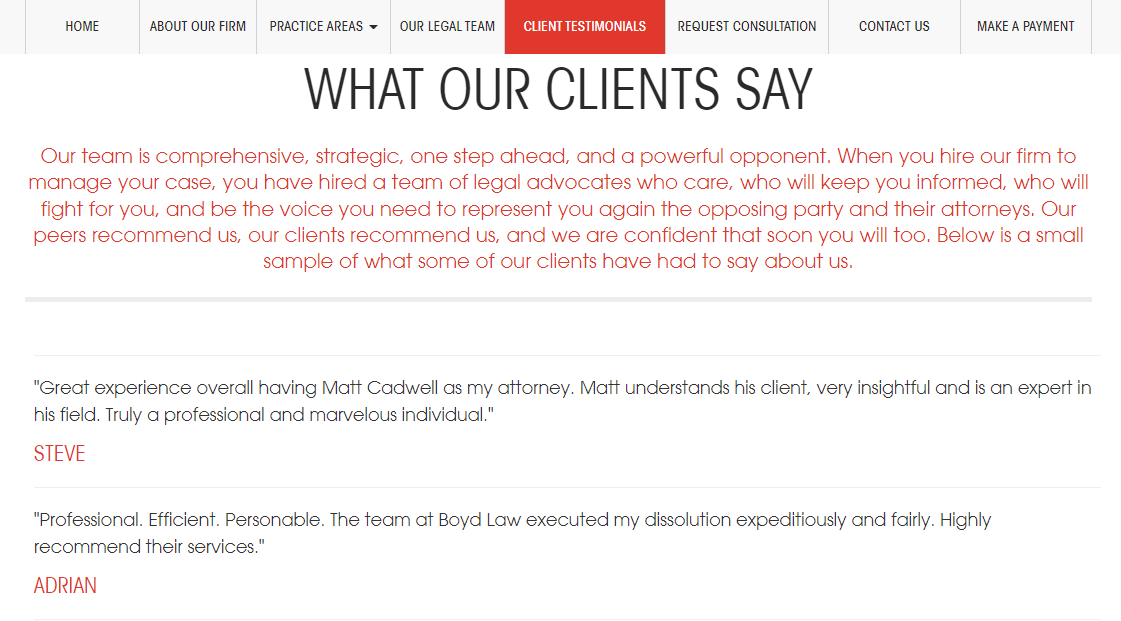 Client testimonials on a law firm website