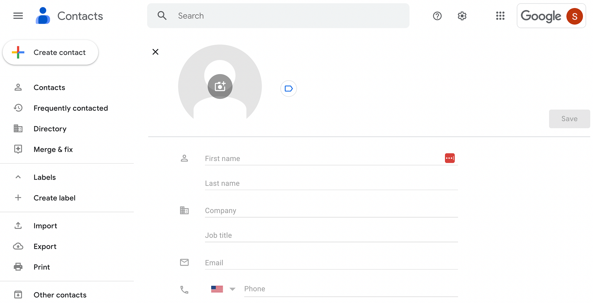 Google contact information page.