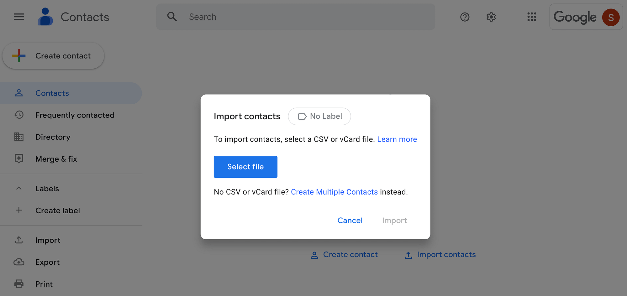 Import contacts in Google