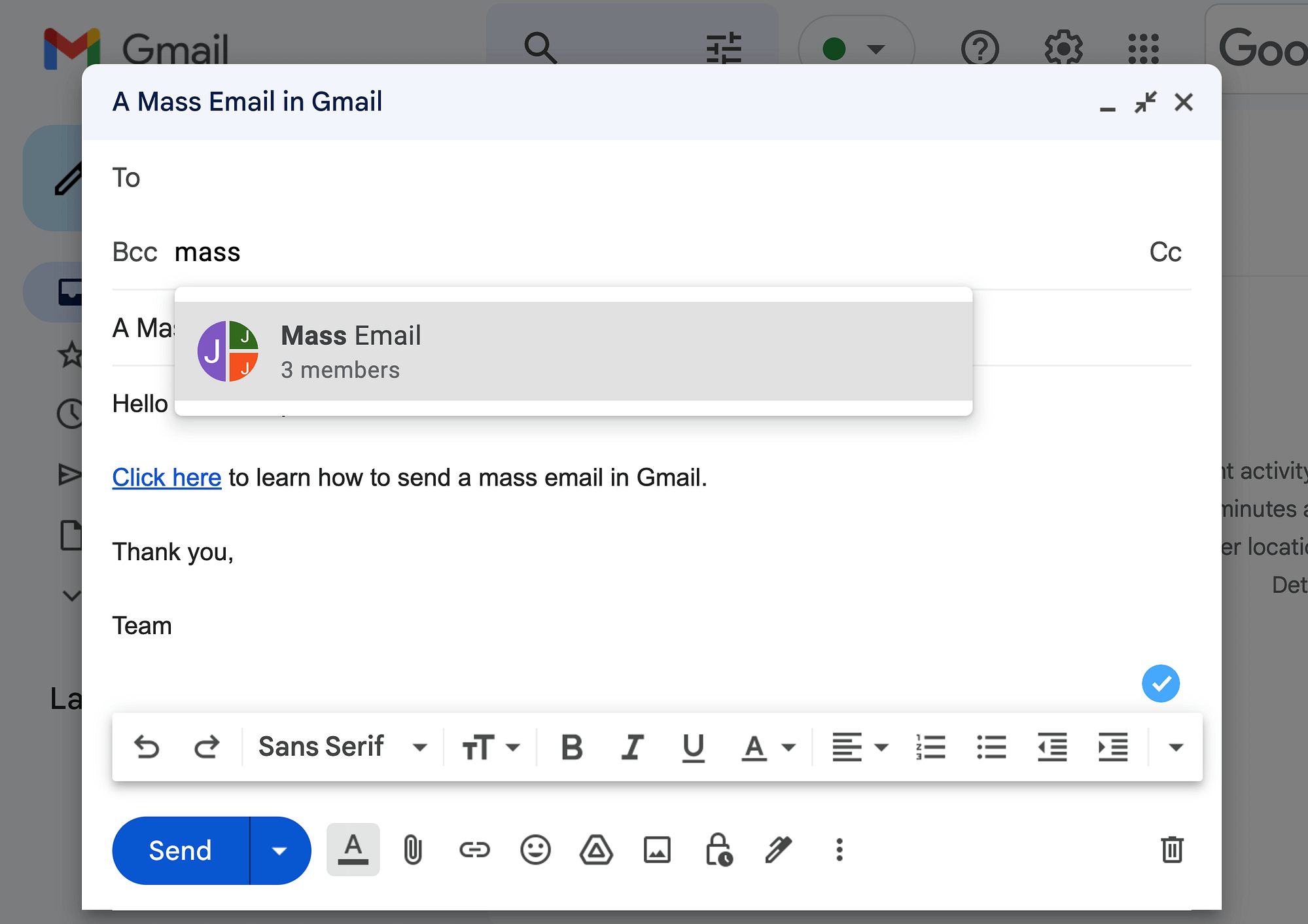 Select recipients before sending a mass email in Gmail.