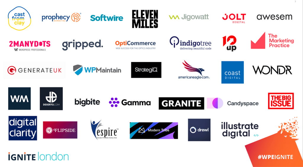 Logos from many of the businesses that had individuals in attendance at Ignite London 2022