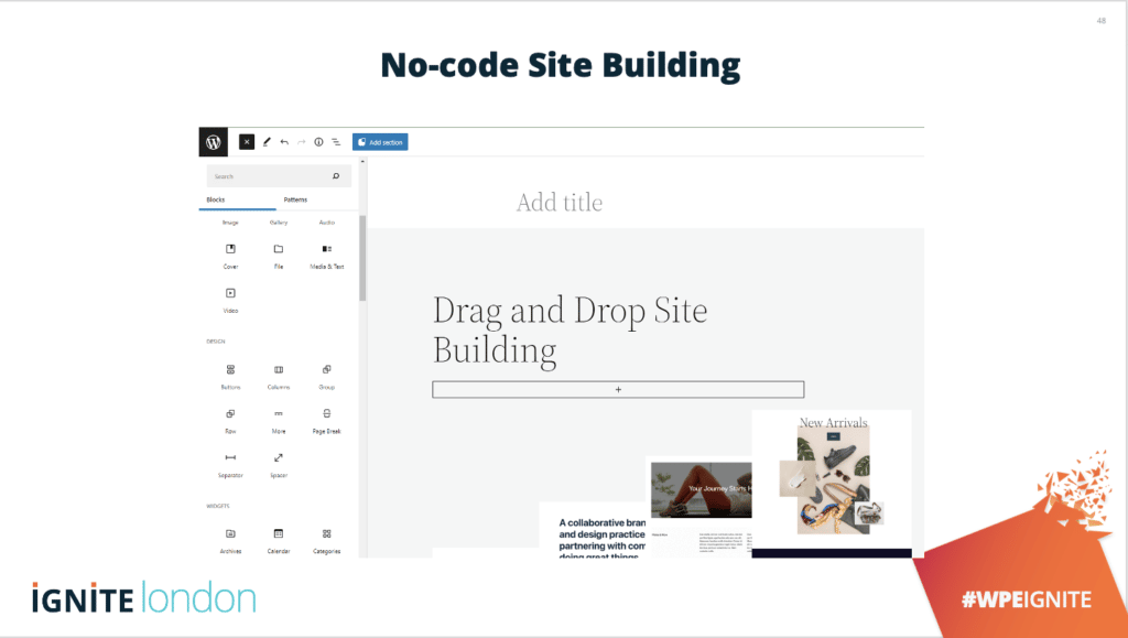 Slide from Ignite talk showcasing drag and drop site building capabilities in WordPress