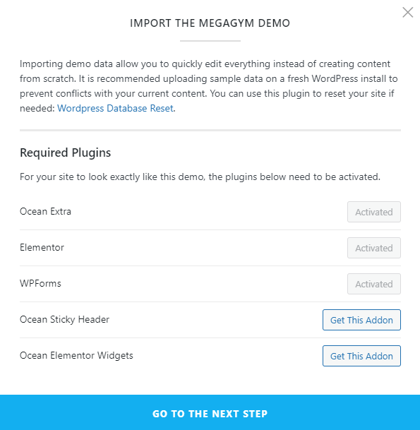 required plugins for a demo template by OceanWP