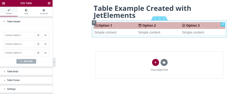 Editing table in the Elementor builder with JetElements 