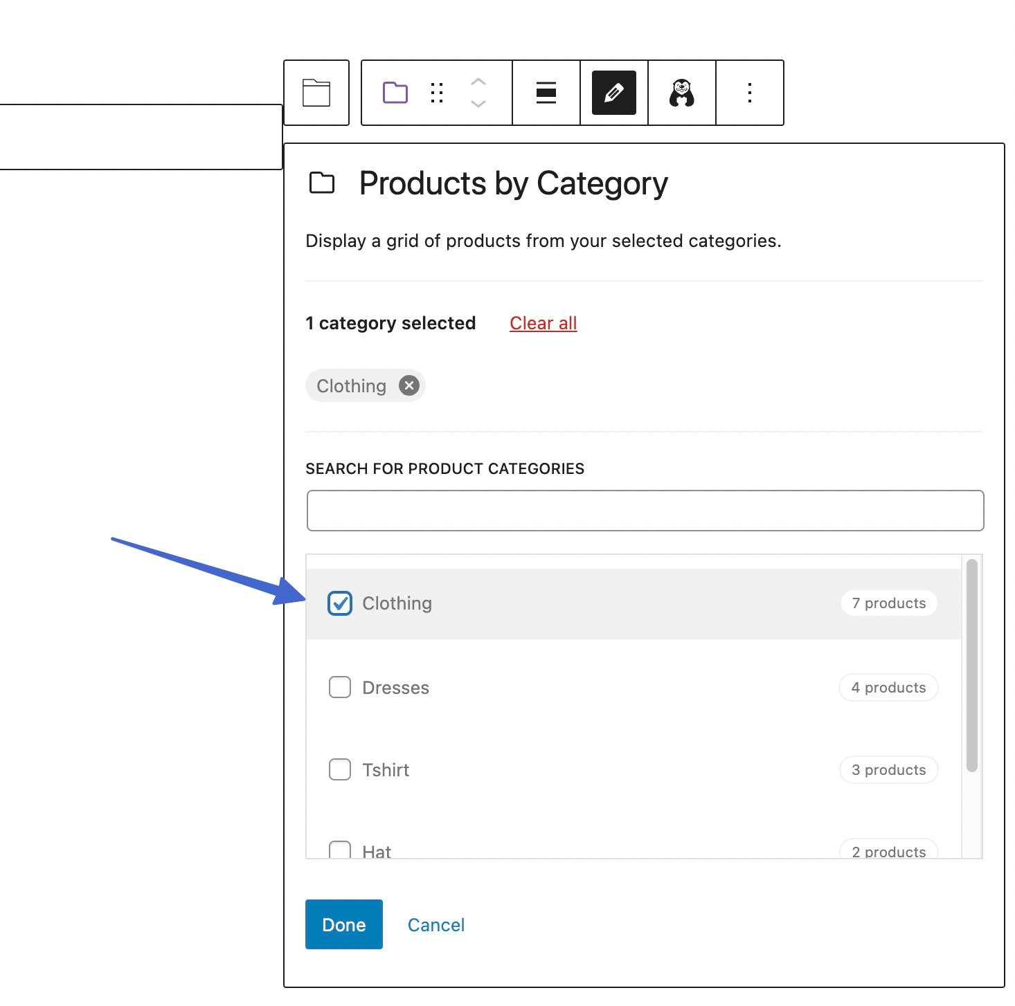 including the clothing category for WooCommerce featured products