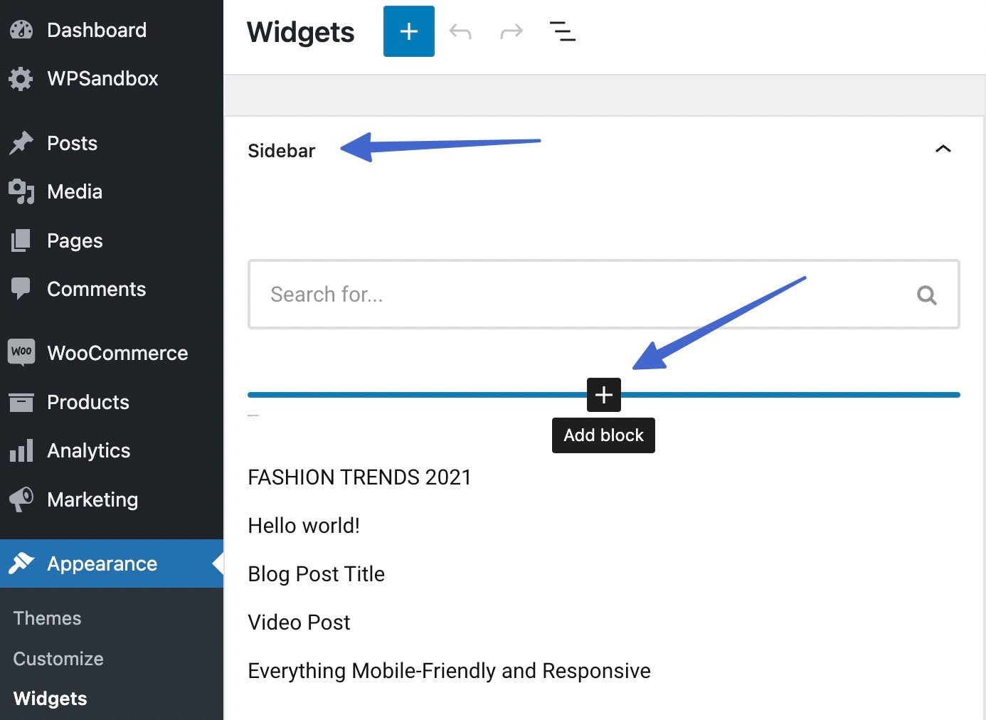 add a block in the widget to add WooCommerce featured products