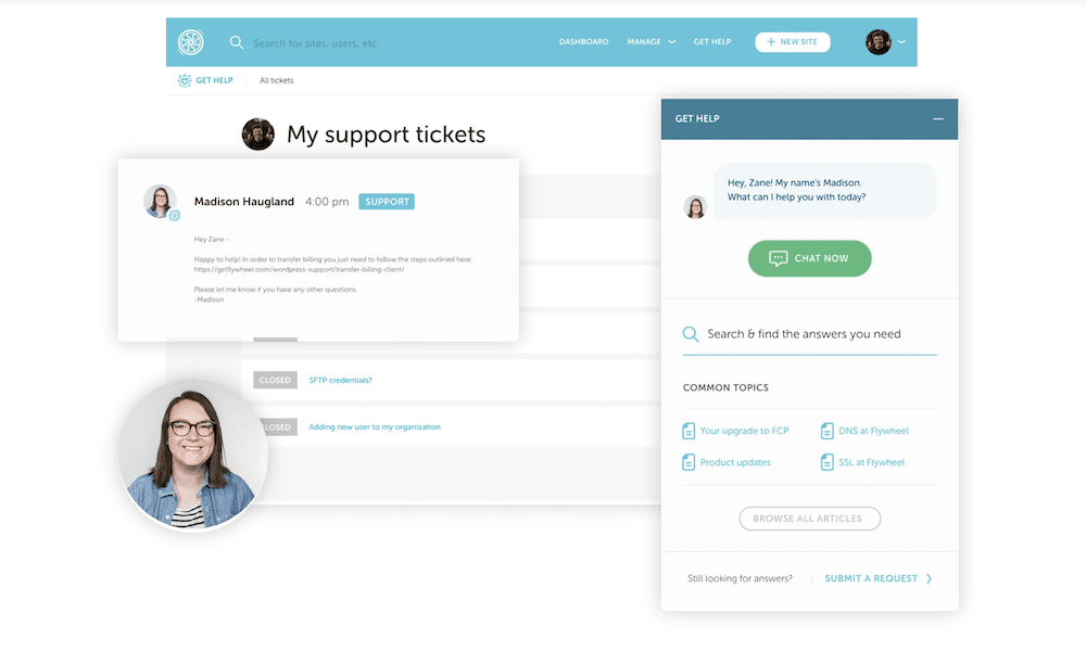 Flywheel's website show customer support options.