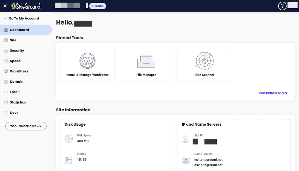 SiteGround's dashboard for a single site.