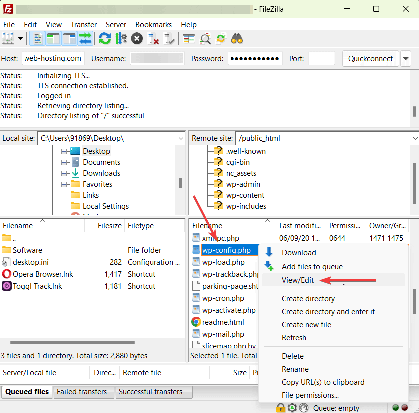 editing wpconfig file in FileZilla