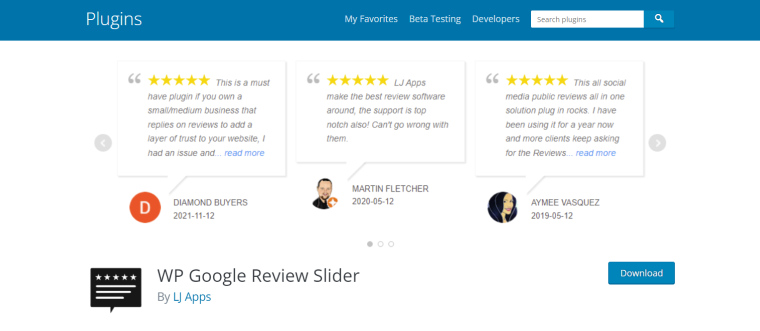 WP Google Review Slider plugin homepage
