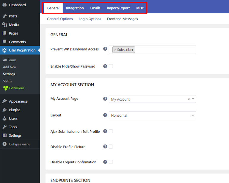 Five Different Tabs for User Registration Settings
