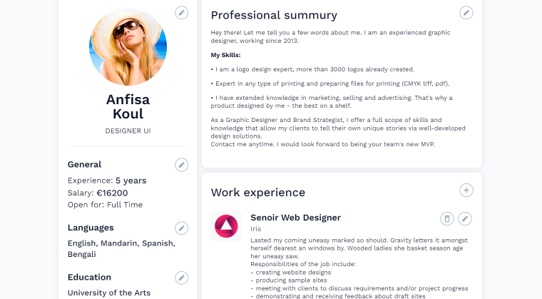 employee profile page on the front end