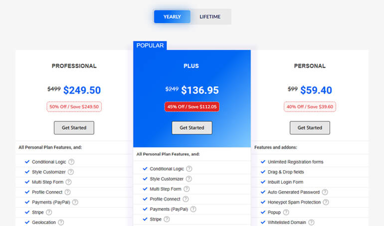 User Registration Pricing Page