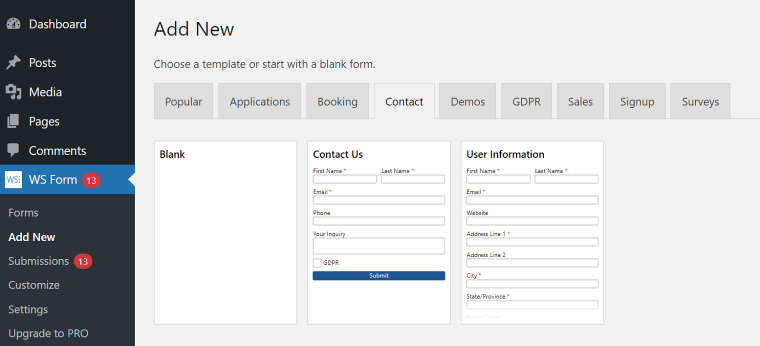 ws form add new form templates