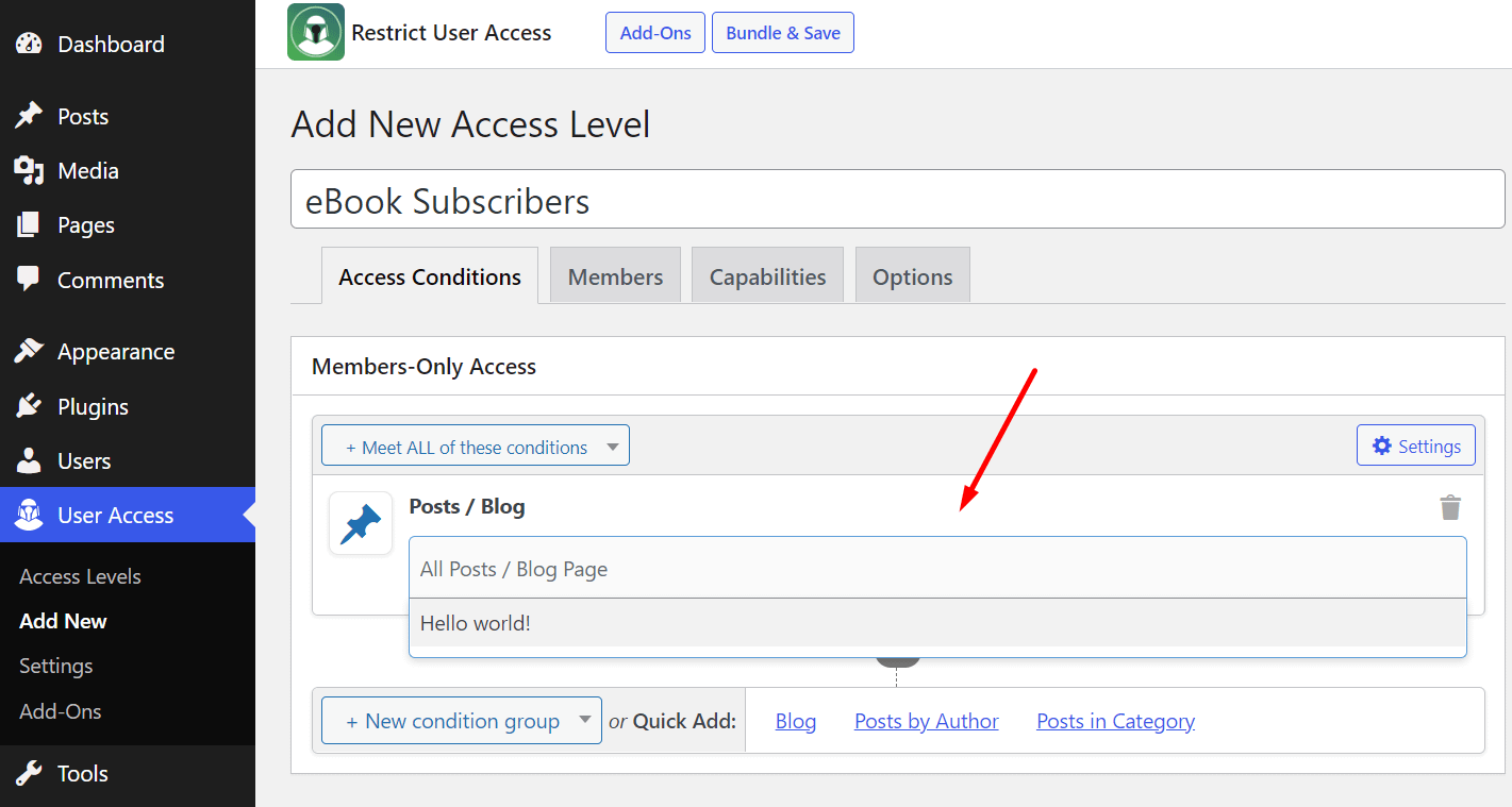 Adding conditions in an access level with the Restrict User Access plugin.