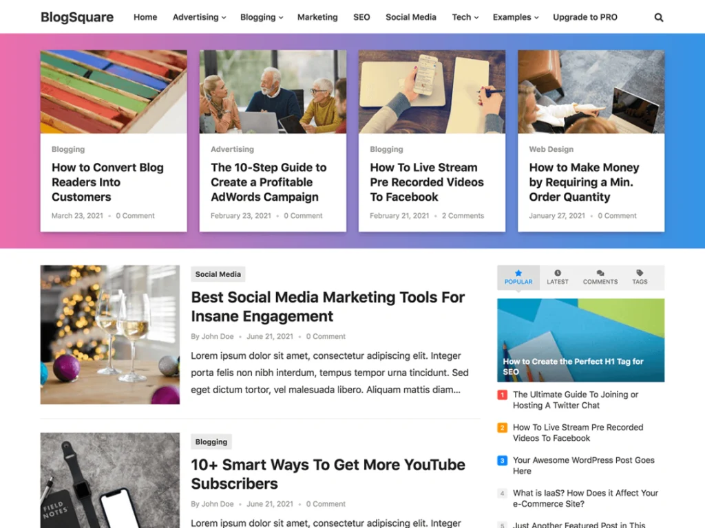 BlogSquare is a modern and clean WordPress theme for content-based blogs and websites.