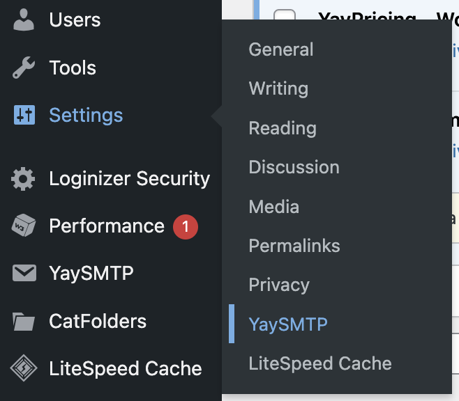 yaysmtp settings on wordpress dashboard
