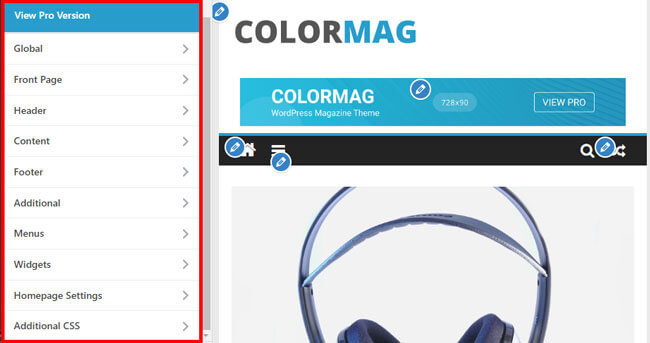 Customization Options on ColorMag