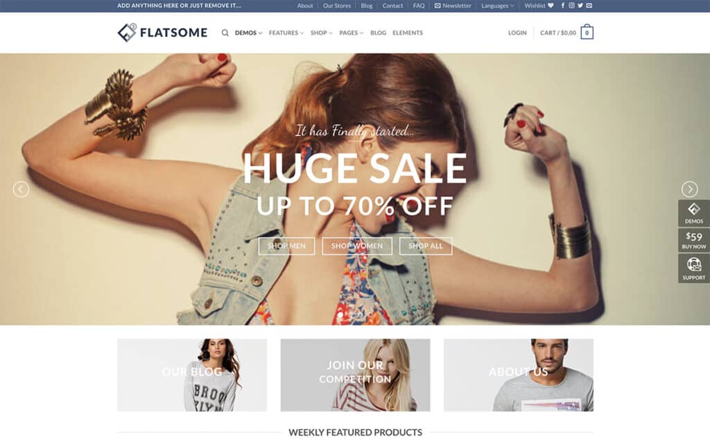 Flatsome is a perfect theme for your shop, company website, or online store. It's the most popular WooCommerce theme on ThemeForest with the most 5 starts reviews 