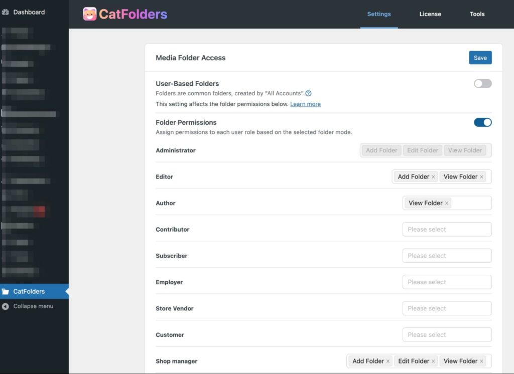 catfolders set permissions for user roles
