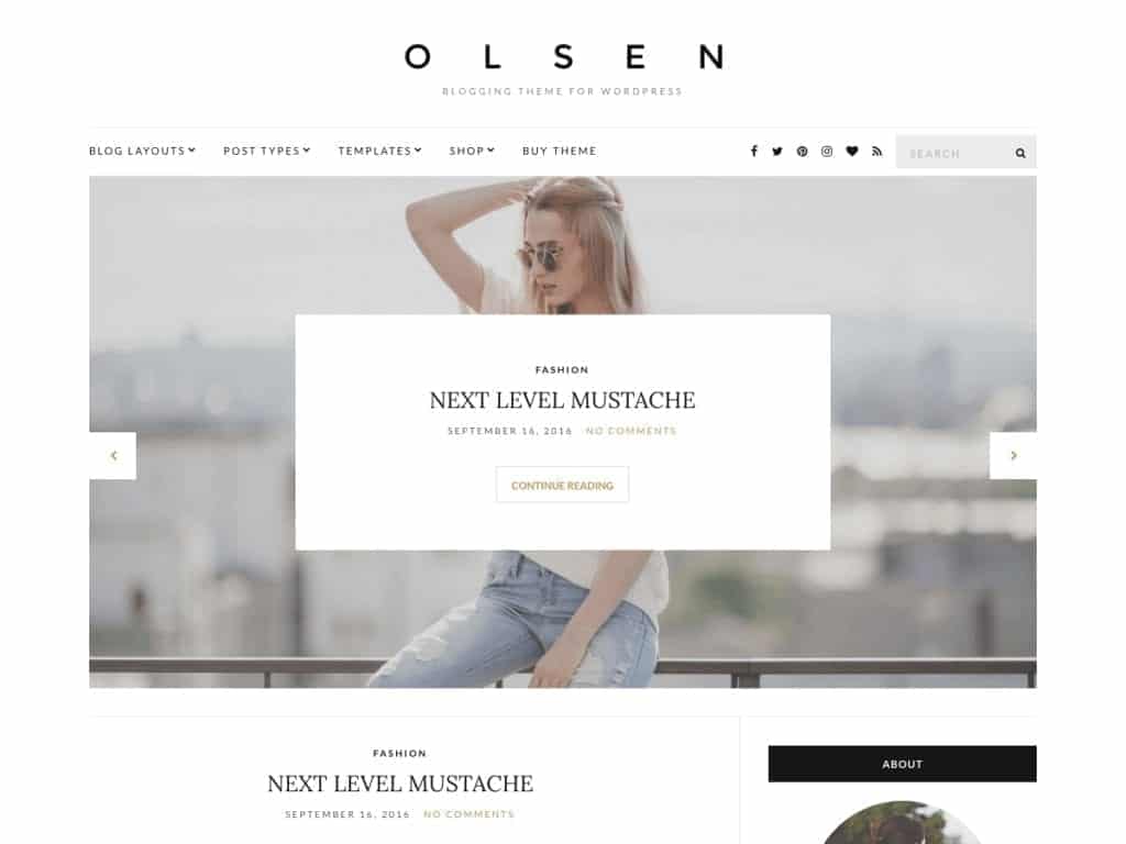 Olsen Light is a clean and elegant WordPress blog theme, perfect for lifestyle, food, fashion, travel, health & fitness, photography and beauty blogging. 