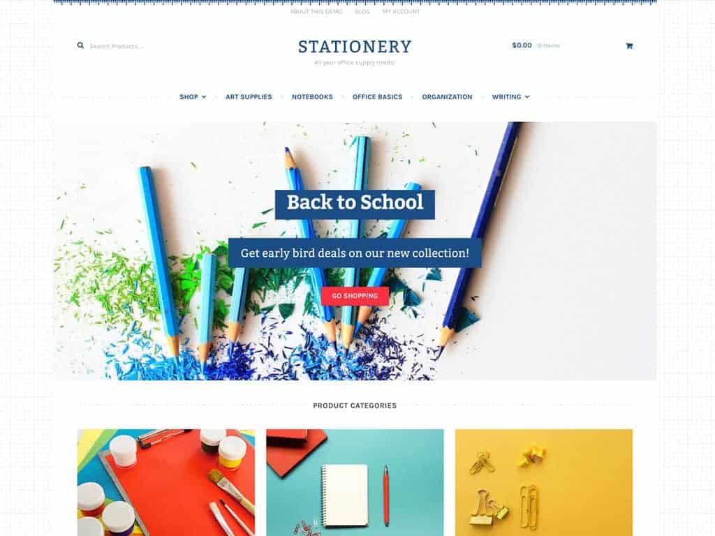 Stationery is a Storefront child theme designed for stores selling office supplies and/or arts & crafts.