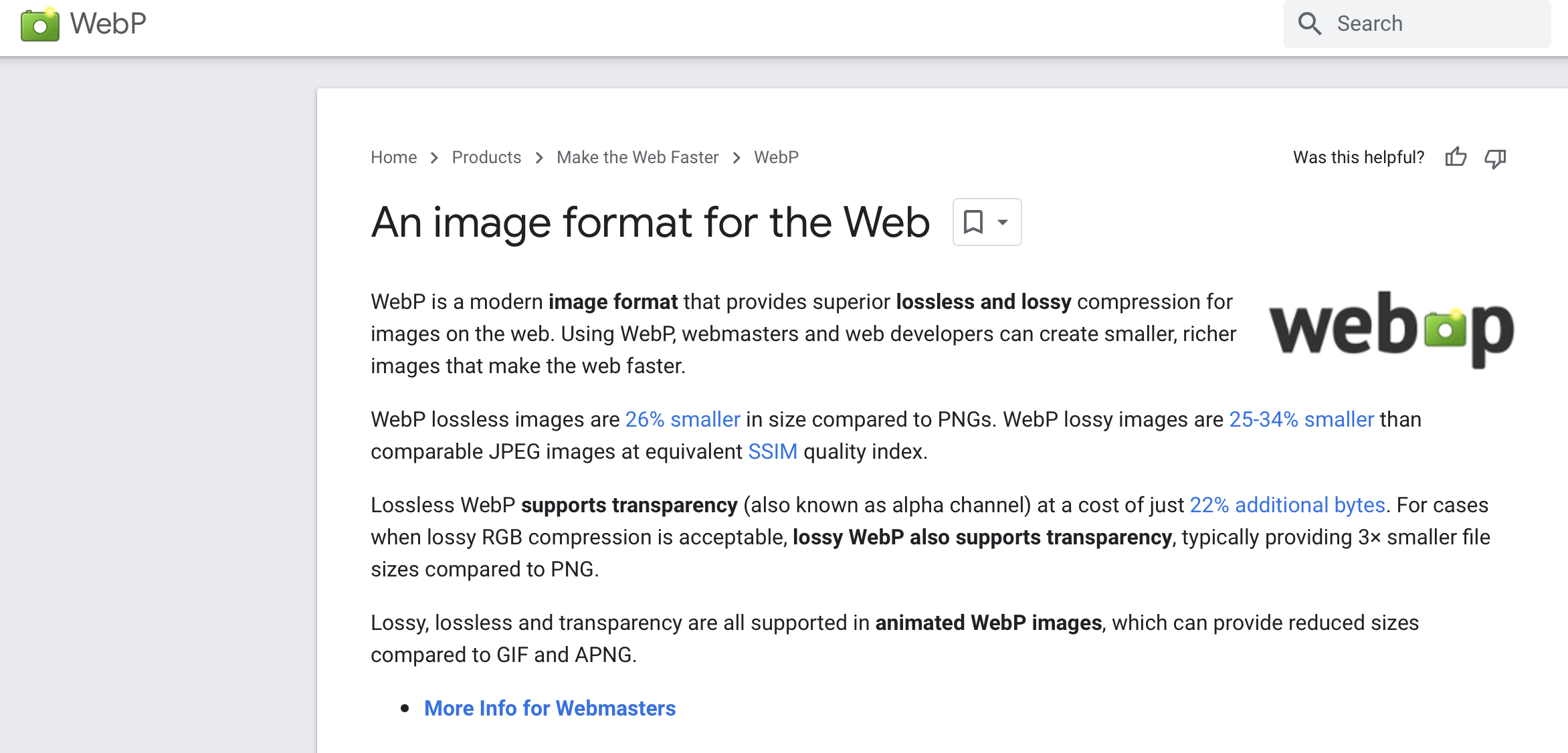 Google Developers page explaining the WebP format. Knowing this information can help users decide between AVIF vs WebP