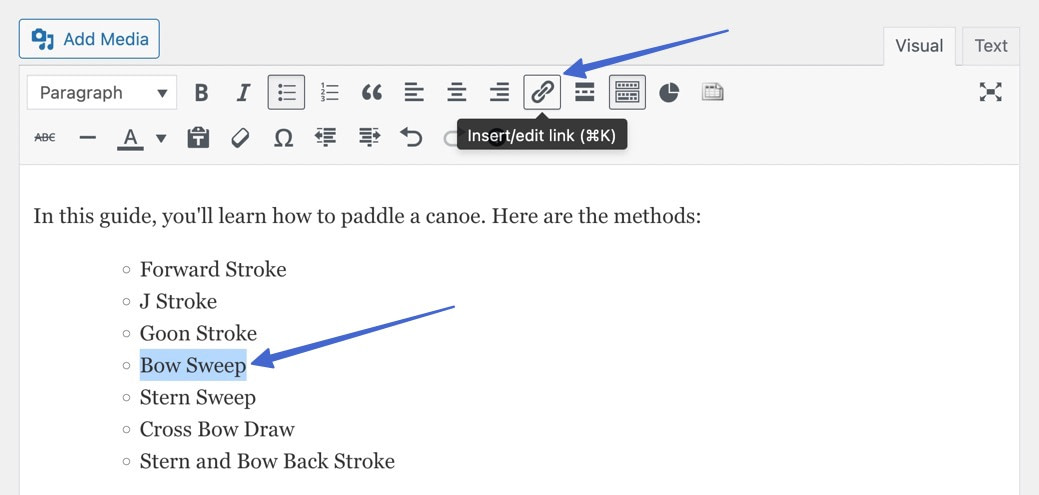 highlighting text and clicking insert link