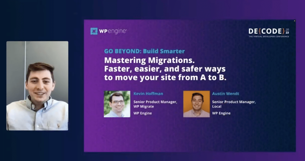 screenshot from DECODE session title slide for Mastering Migrations session. Austin Wendt, speaking, is framed to the left of the slides